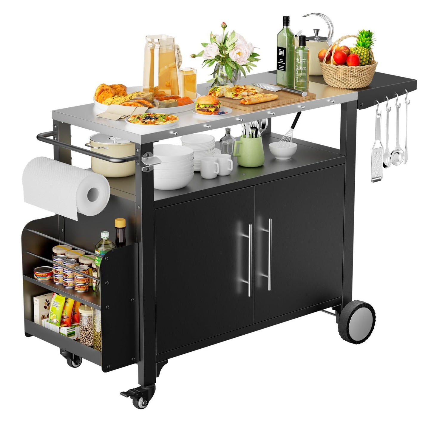 Outdoor Grill Cart with Storage,Patio Kitchen Island with WheelsHooks and Spice Rack,Waterproof Outdoor Grill Table,Movable BBQ Serving Cart Rolling Bar Cart for Home Party Bar