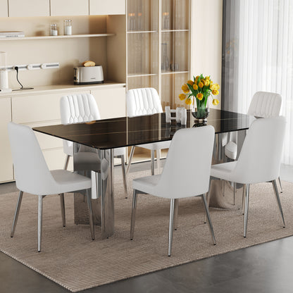 Table and chair set. Modern and Minimalist Dining Table. Imitation Marble Glass Sticker Desktop,Stainless Steel Legs .Paired with 6 White Chairs With PU Cushions And Silver Metal Legs.