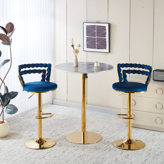 Modern Gold Bar Table Set with 2 Adjustable Bar Stools, Round Marble-Patterned Pub Table for Home Bar & Kitchen