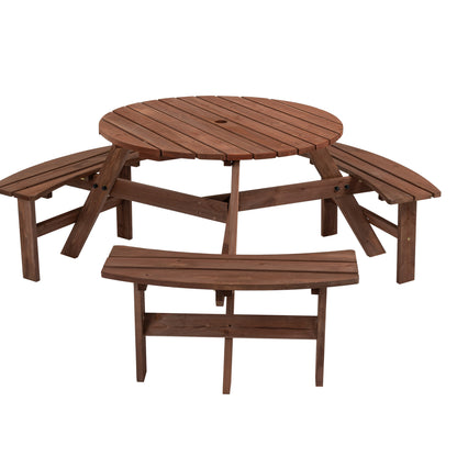 Outdoor Wooden Picnic Table 6-Person Circular Design with Built-in Benches Brown Fir Wood
