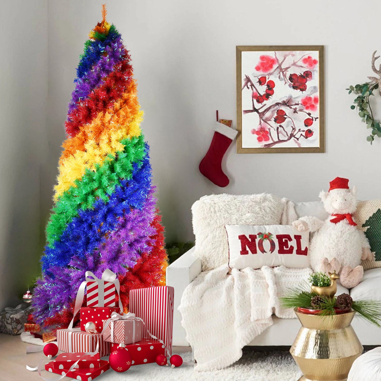7.5ft Rainbow Spiral Christmas Tree, 1825 Branch Tips, Colorful PVC Artificial Holiday Tree with Unique Spiral Design, Full & Lush Shape, Sturdy Metal Stand for Indoor Christmas Decoration