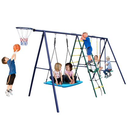 6 in 1 Swing Set With Climbing Ladder, Climbing Net, Glider, Hammock Swing, Belt Swing, Basketball hoop for Backyard