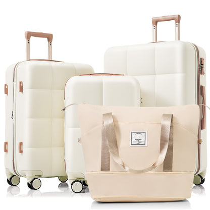 Luggage Sets 4 Piece,  ABS Durable Suitcase with Travel Bag,  Cup Holder, ABS Hard Shell Luggage with Spinner Wheels, white