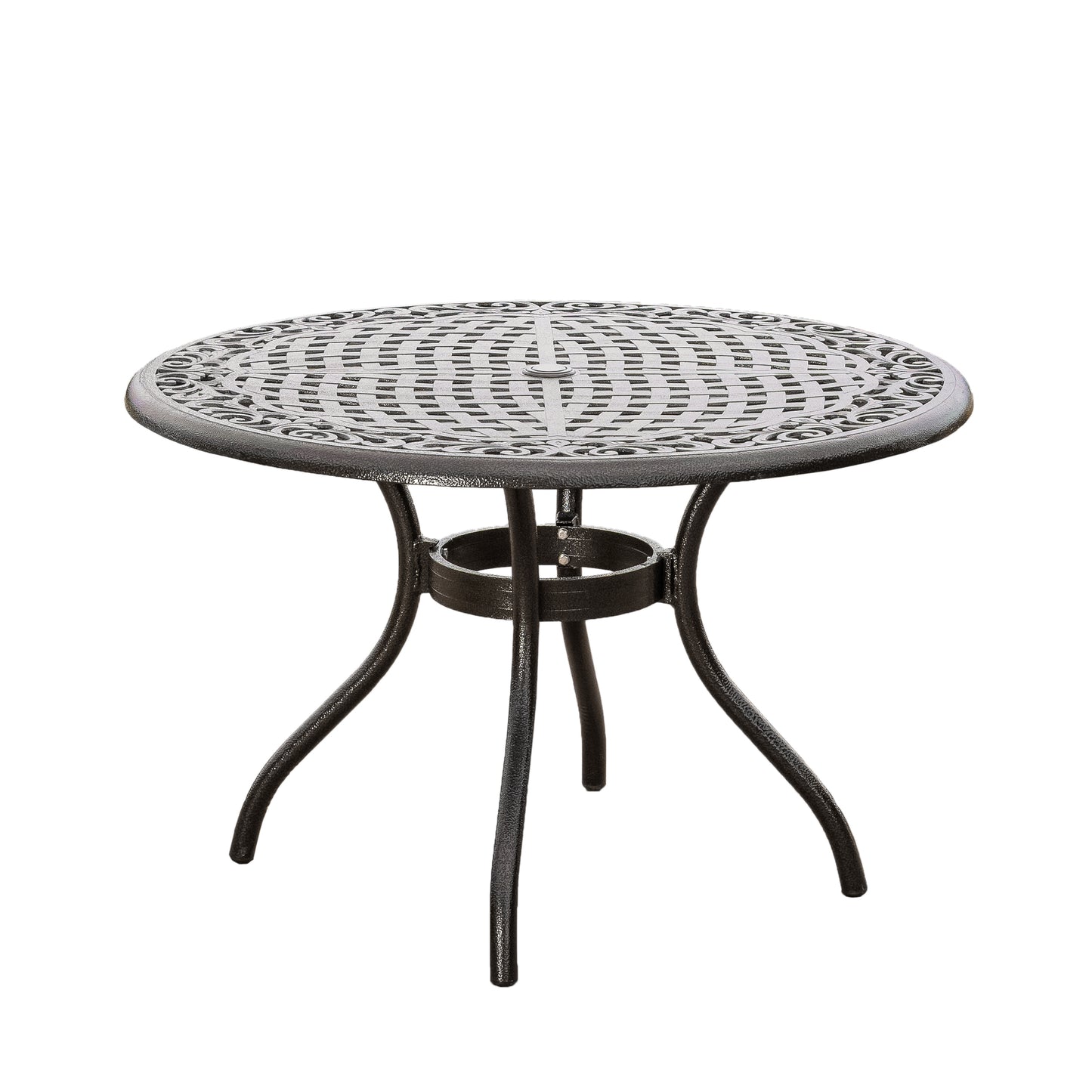Tranquilius 48' Outdoor Round Dining Table with Lattice Tabletop, Umbrella Hole and Curved Legs, Bronze
