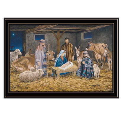 Trendy Decor 4U The Greatest Gift of All - The Birth of Christ Black Framed Wall Art for Living Room, Nativity Wall Art Print for Home Decor, Bedroom Wall Art by Bonnie Mohr