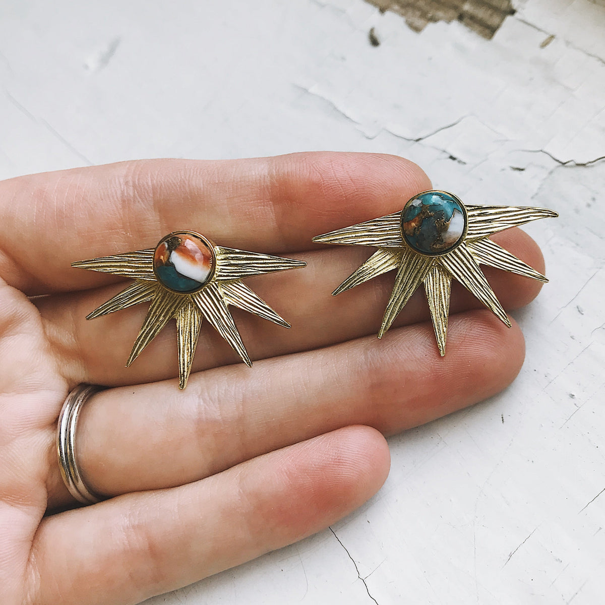 Sun Goddess Earrings With Copper Oyster Turquoise