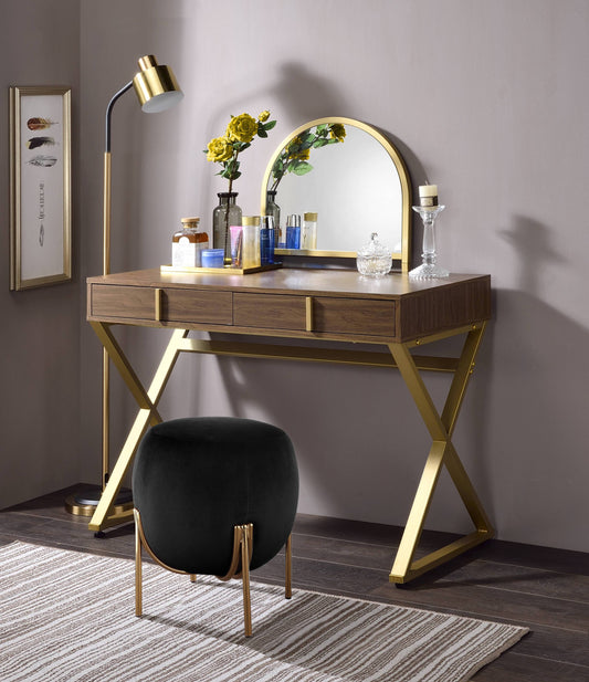 Coleen Walnut & Gold Finish Vanity Desk W/Mirror & Jewelry Tray
