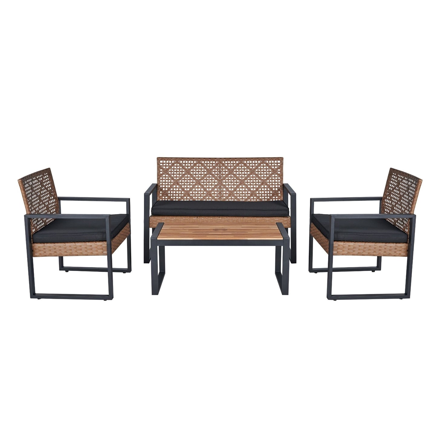 Modern Outdoor 4-Piece Patio Furniture Set with Acacia Wood Table Top, Black and Light Brown