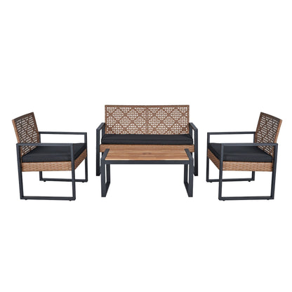 Modern Outdoor 4-Piece Patio Furniture Set with Acacia Wood Table Top, Black and Light Brown