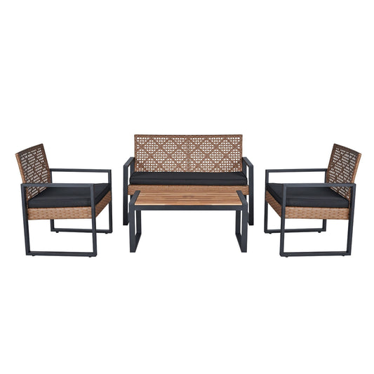 Modern Outdoor 4-Piece Patio Furniture Set with Acacia Wood Table Top, Black and Light Brown