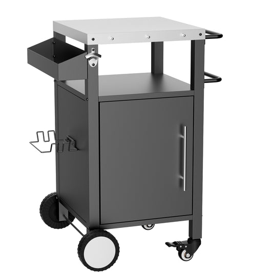 Outdoor Grill Cart with Storage, Rolling Bar Cart with Hooks and Spice Rack, Black Stainless Steel