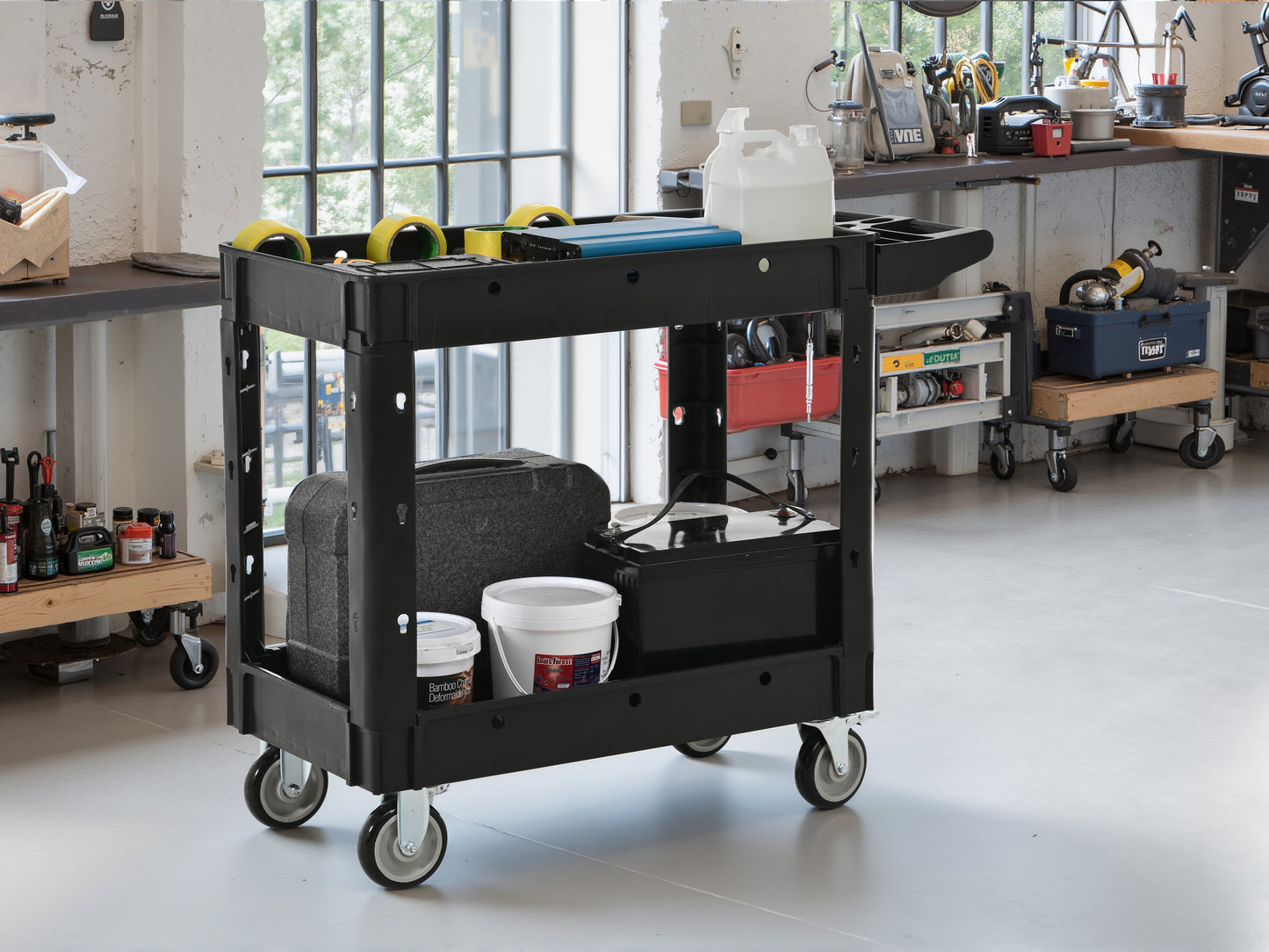 Two-Shelf Utility Cart with Wheels ,600 lbs. Capacity Rolling Utility & Tool Carts for Warehouses, Industrial Settings, Auto Garages, for indoor and outdoor, & More,with Locking Wheels