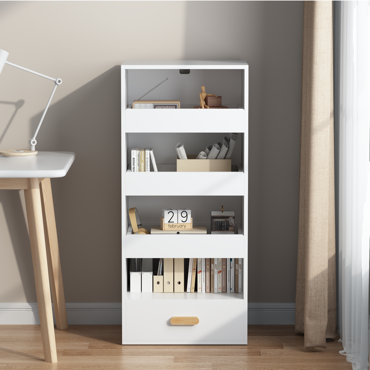 4-Tier Freestanding Bookshelf with 3 Sliding Drawers and 1 Bottom Drawer
