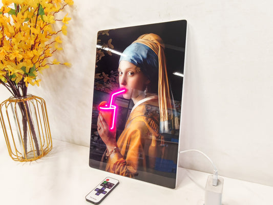 24x16 inches Neon Style LED Wall Art – Girl with a Pearl Earring Acrylic Print with Lighted Drink Effect, Unique Modern Artwork for Living Room and Bar