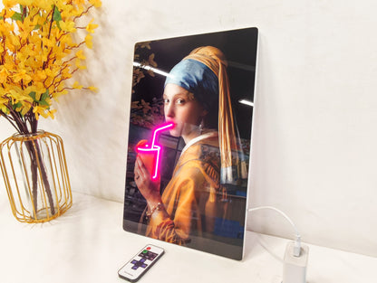 16x10 inches Neon Style LED Wall Art – Girl with a Pearl Earring Acrylic Print with Lighted Drink Effect, Unique Modern Artwork for Living Room and Bar