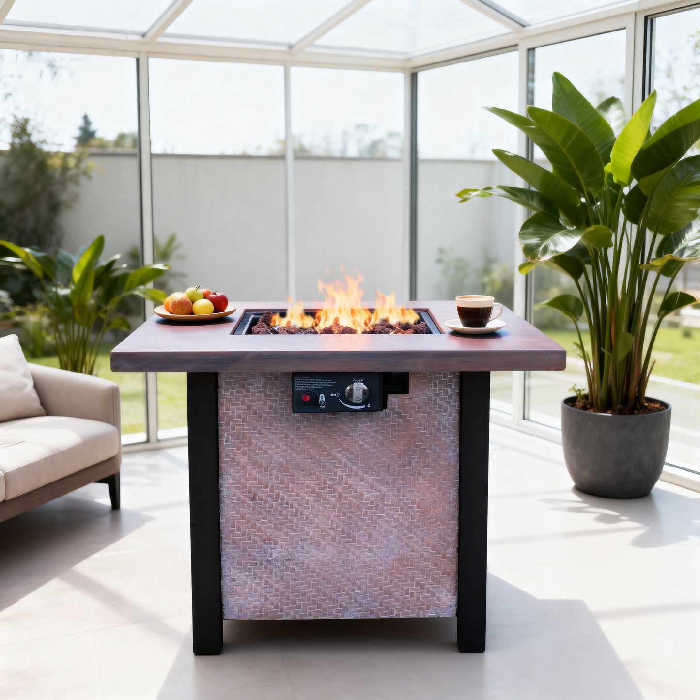25' H Outdoor Patio Propane Gas Fire Pit Table - 50,000 BTU High-temperature-resistant carving process for environmentally friendly materials with the effect of rattan weaving grain