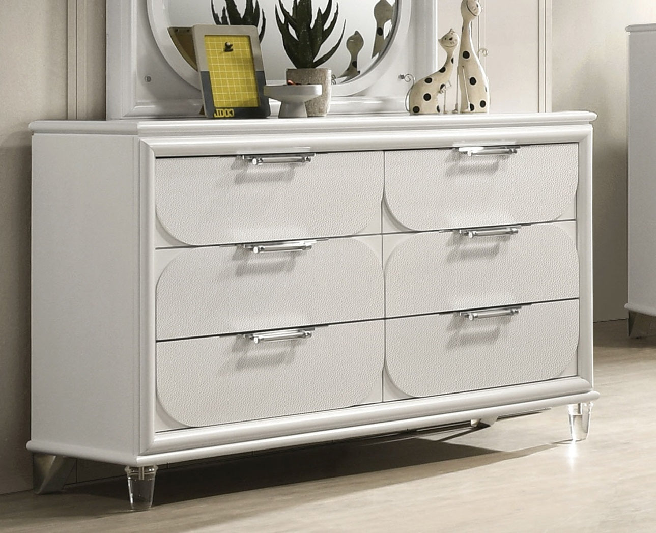 Contemporary Glam Pearl White 1pc Dresser Acrylic Handles Embossed Panels English Dovetails Hidden Jewelry Drawers Dresser