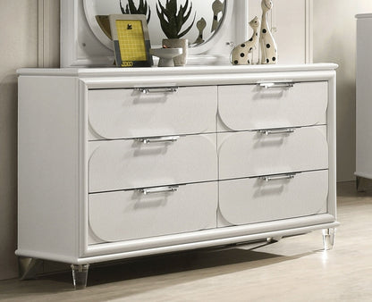 Contemporary Glam Pearl White 1pc Dresser Acrylic Handles Embossed Panels English Dovetails Hidden Jewelry Drawers Dresser