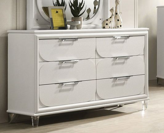 Contemporary Glam Pearl White 1pc Dresser Acrylic Handles Embossed Panels English Dovetails Hidden Jewelry Drawers Dresser