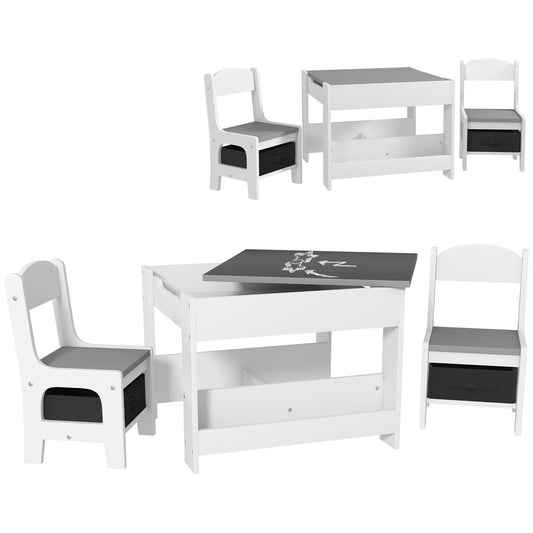 Qaba 3 Piece Kids Table and Chair Set, 2 in 1 Toddler Table and Chair Set with Reversible Tabletop Blackboard, Storage & Bookshelves for Playroom, Nursery, Gray