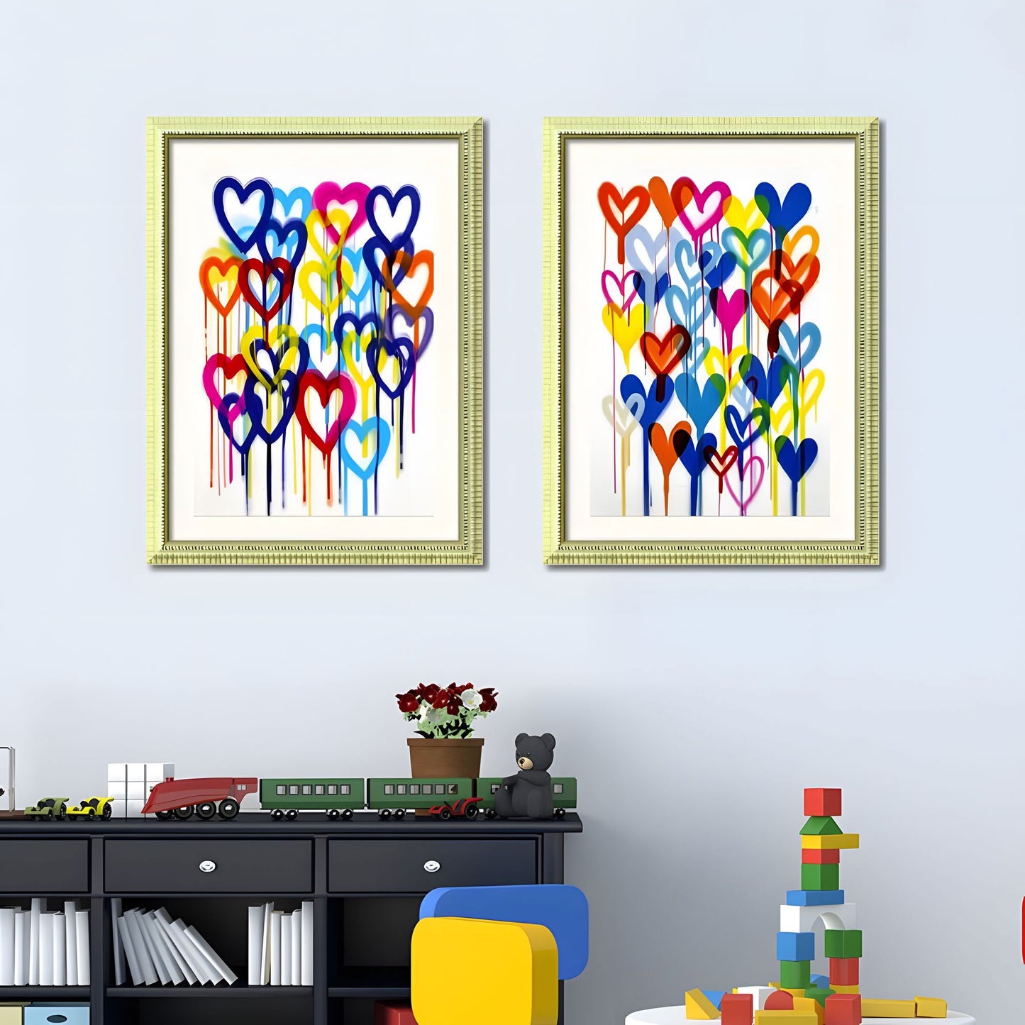 Set of 2 Colorful Heart Graffiti Framed Wall Art – Replaceable Canvas Prints with Solid Wood Picture Frames, Modern Wall Decor for Kids Room and Living Room 18x24 inches