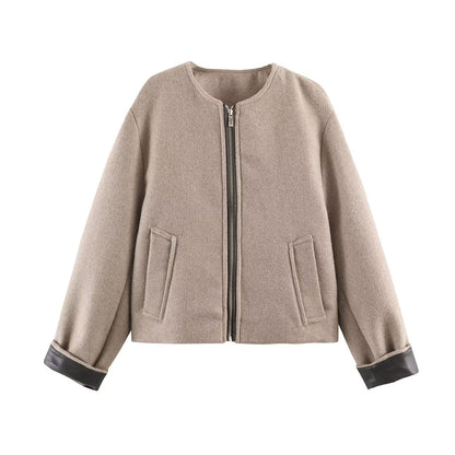 Women's Jacket Taupe Wool Blend Collarless BYMANYC ® New York SOHO LEATHER TRIM COLLARLESS JACKET - New Collection