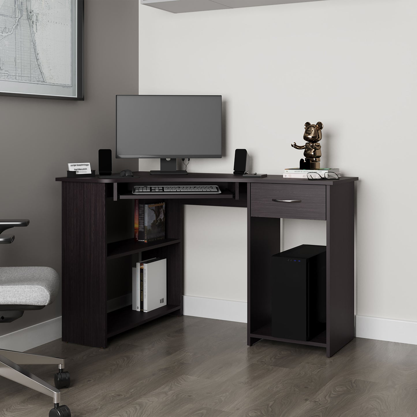 EKKO Corner Computer Desk, L-Shaped Home Office Desk with Drawer, Shelves, and CPU Space