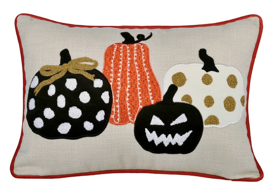 Halloween Pumpkin Embroidered Throw Pillow – Spooky Polka Dot Linen Cushion