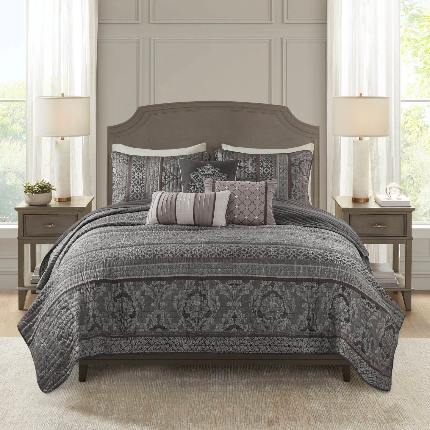 6-Piece King/Cal King 6 Piece Jacquard Quilt Set with Throw Pillows,Grey