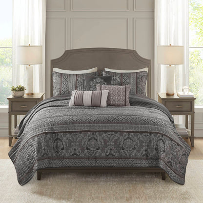 6-Piece Full/Queen 6 Piece Jacquard Quilt Set with Throw Pillows,Grey