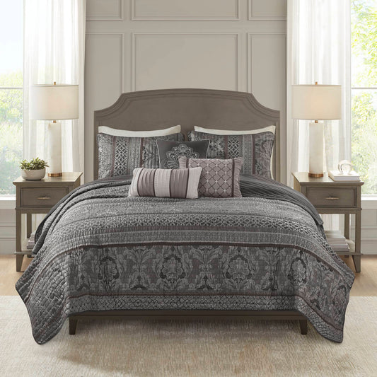 6-Piece Full/Queen 6 Piece Jacquard Quilt Set with Throw Pillows,Grey