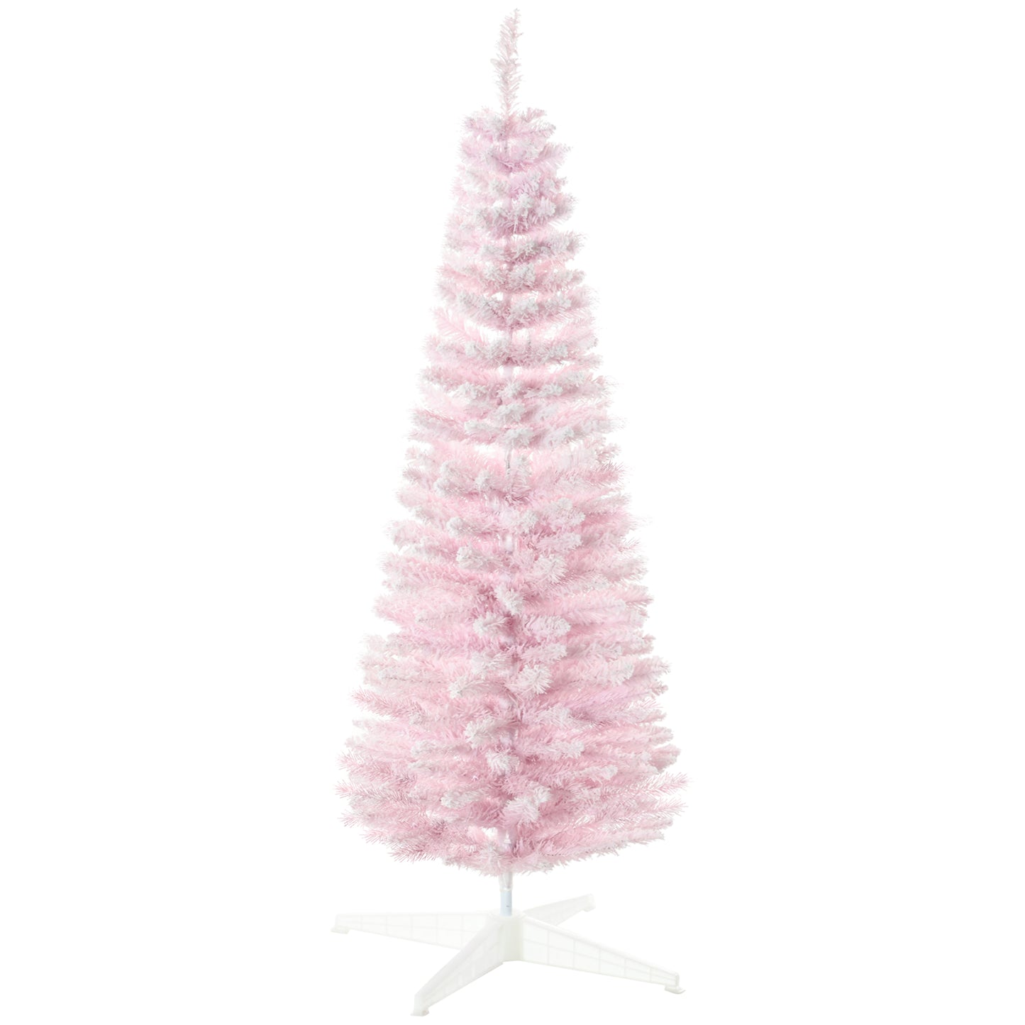 HOMCOM 5' Snow Flocked Artificial Pencil Christmas Tree, Slim Xmas Tree with Realistic Branches and Plastic Base Stand for Indoor Decoration, Pink