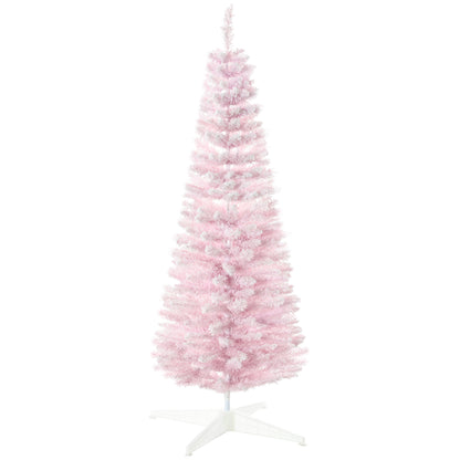 HOMCOM 5' Snow Flocked Artificial Pencil Christmas Tree, Slim Xmas Tree with Realistic Branches and Plastic Base Stand for Indoor Decoration, Pink