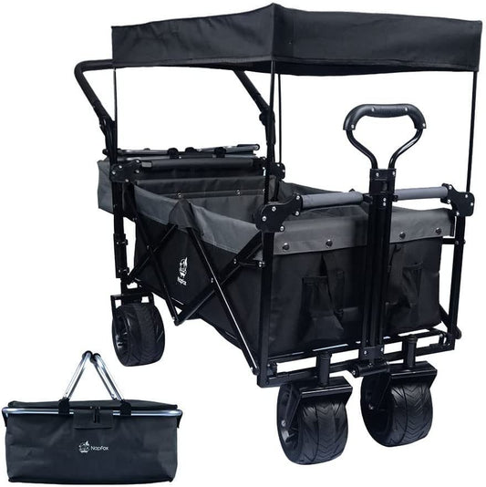Collapsible Wagon 140L Wagons Carts Foldable with Removable Canopy, Folding Wagon Cart with Wheels for All-Terrain with Brake, Foldable Wagon with Cooler Bag, for Camping Beach Shopping