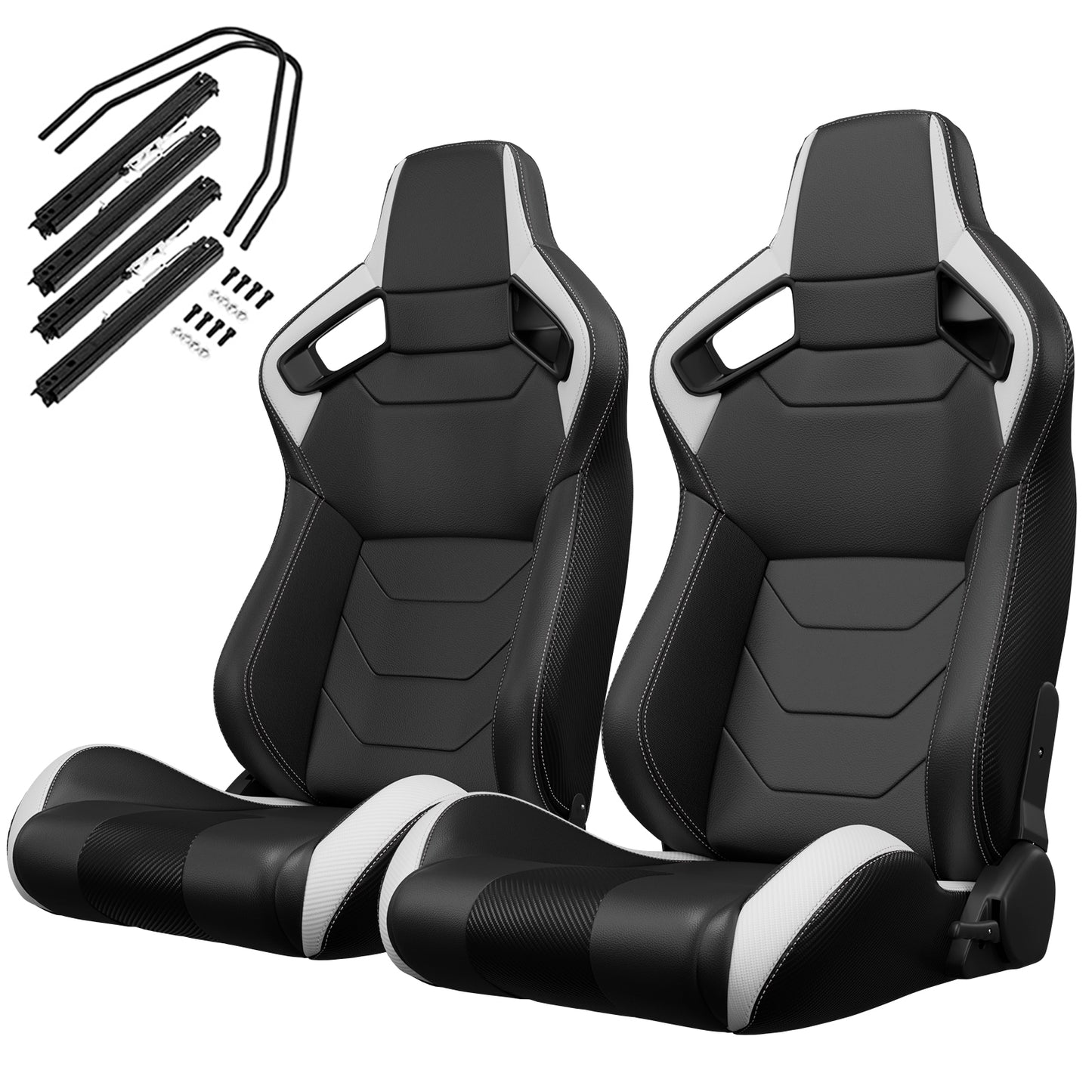 2PC New Universal Bucket Racing Seats Black Stitch Black PVC Leather Reclinable Carbon Look Leather Back With Adjustor Slider(Not Including Seat Bracket ) 1 box of 2 pieces