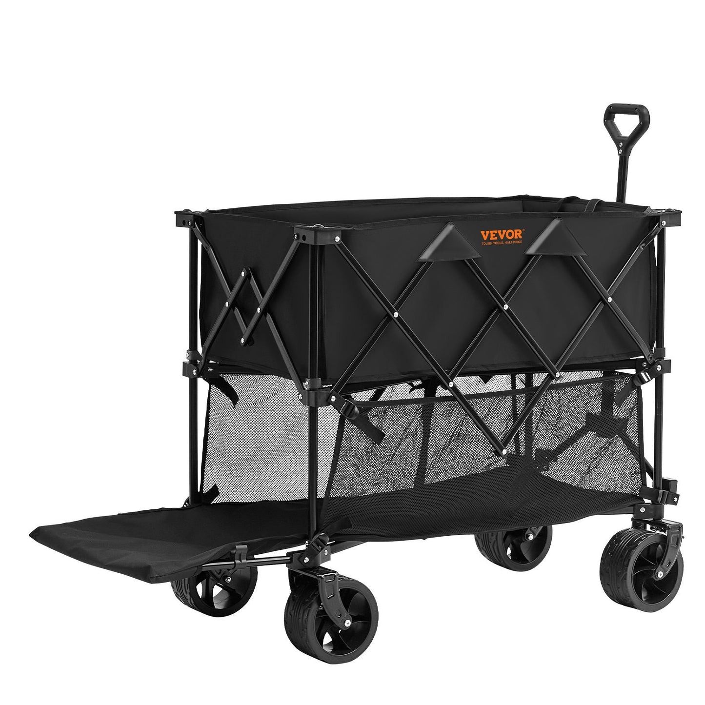 Foldable Double Decker Wagon, 400L Collapsible Wagon Cart with All-Terrain Wheels, Heavy Duty Folding Wagon Cart 350-450 lb Weight Capacity for Camping, Shopping, Garden, 52' Extra Long Extender