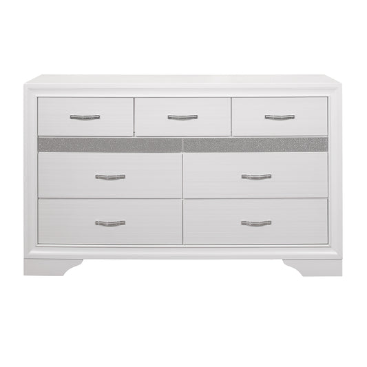 Modern Glam Dresser of 7 Drawers White and Silver Glitter Hidden Jewelry Drawers Ball Bearing Glides Modern Wooden Bedroom Furniture