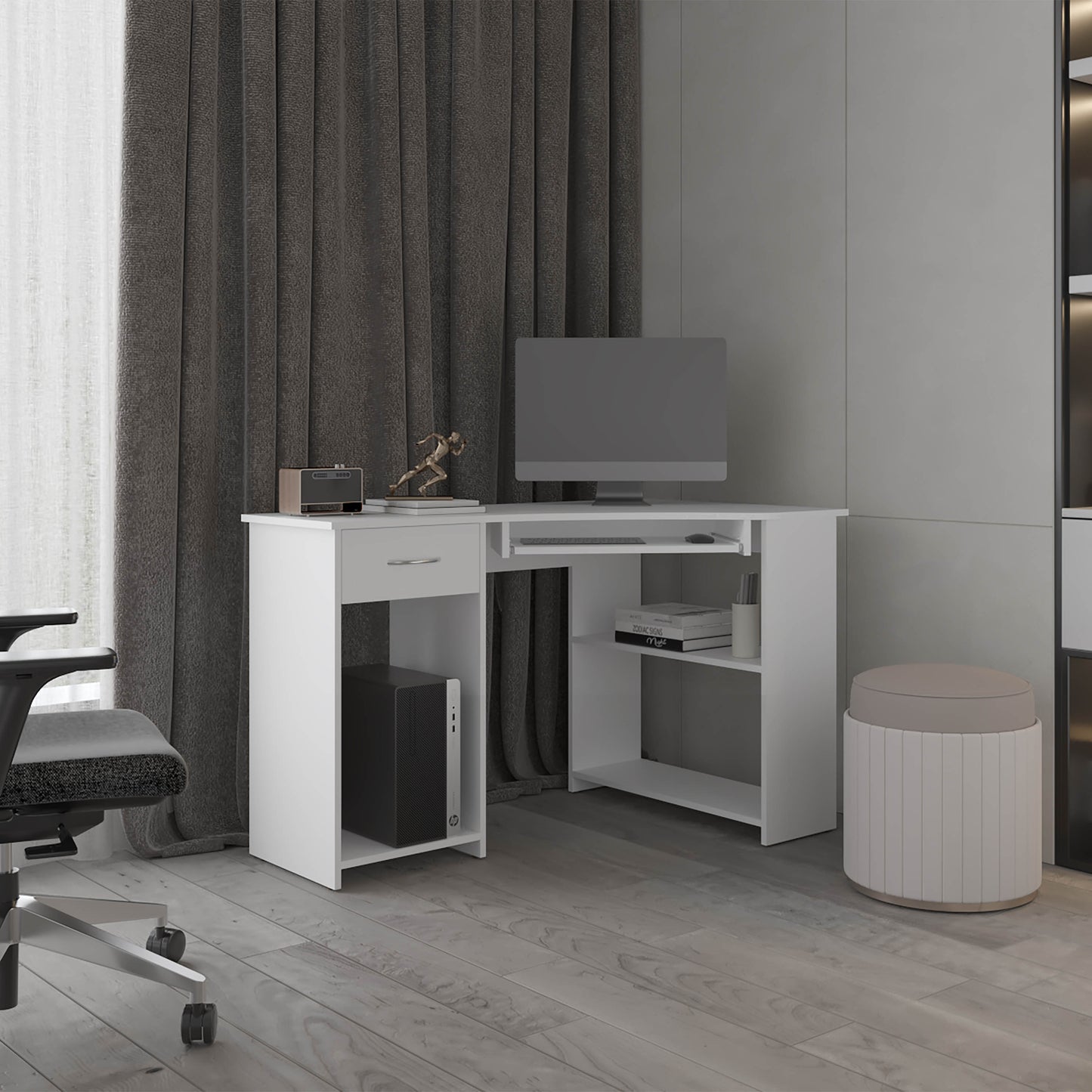 Corner Desk 29.5' H, 2 Drawers, 3 Shelves, White - Office