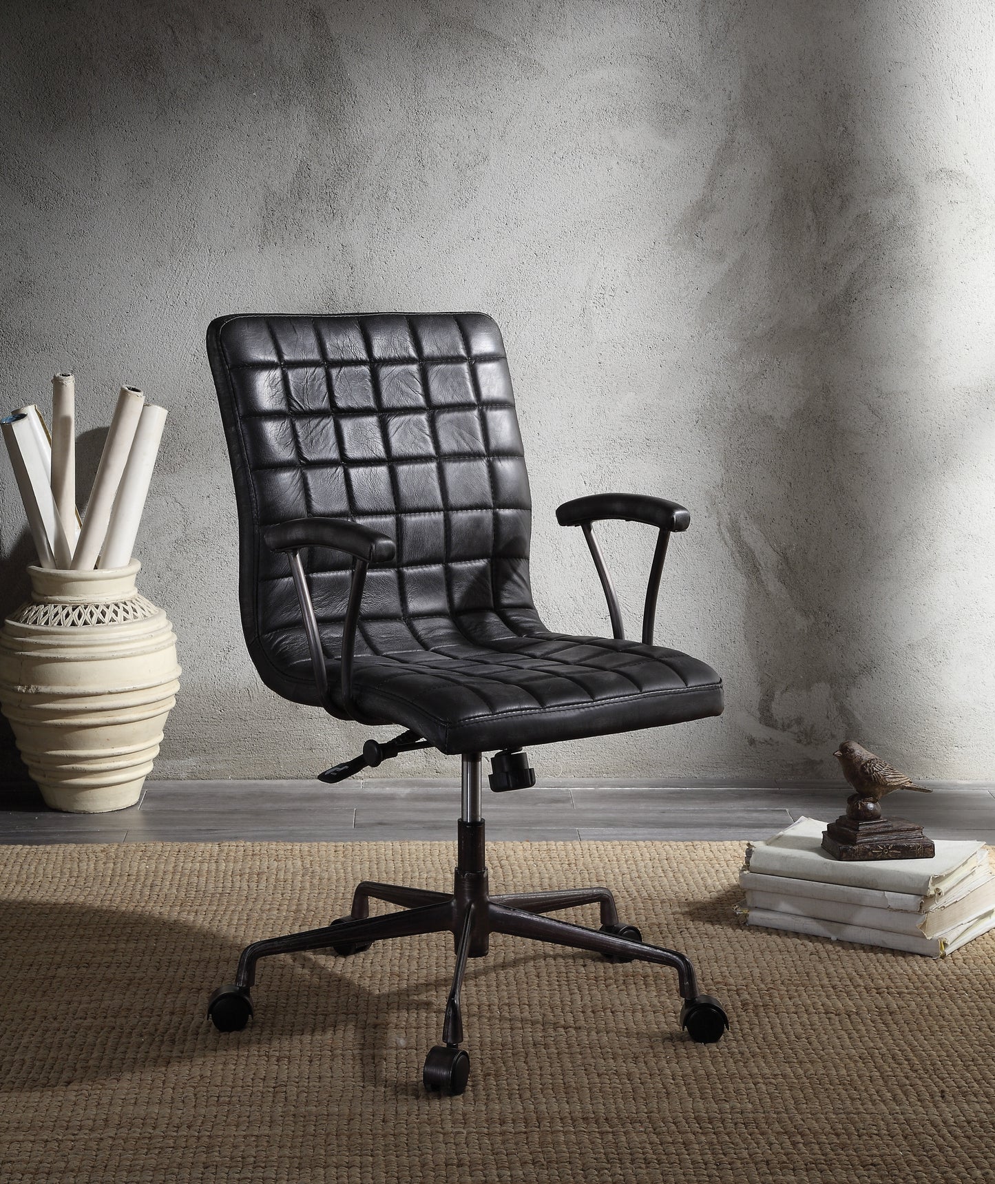 Barack Vintage Black Top Grain Leather & Aluminum Office Chair