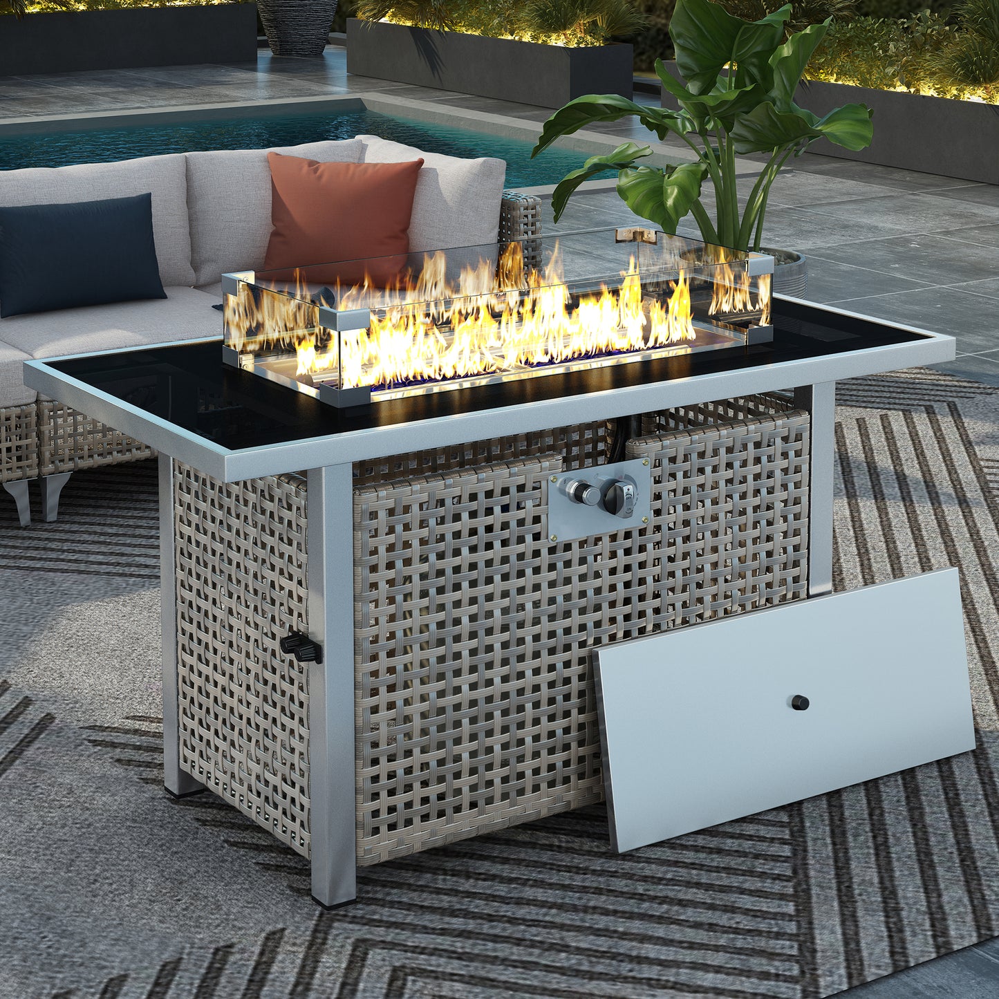 K&K 43' Propane Gas Fire Pit Table, 60000 BTU Rectangular Open Weave Wicker Fire Pit with Glass Wind Guard for Outside Patio Deck Garden Backyard - Grey