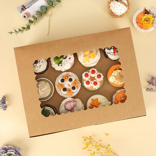 96pcs Brown Cupcake Containers - Kraft Bakery Carrier Boxes with Windows, Holds 12pcs Cupcakes, 13x10x3.5in, Includes Cardboard Inserts, Perfect for Christmas Gift Boxes, Muffins And Pastries