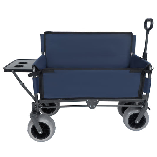 3-in-1 Folding Wagon with Bench Seat & Rear-Mounted Folding Tabletop – 500lbs Capacity, 9'x4' Beach Tires for Camping, Beach, Dark Blue