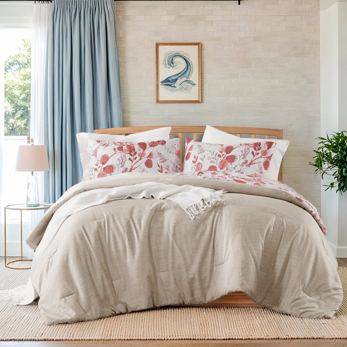 3-Piece King/Cal King Reversible Floral Botanical Seersucker Comforter Set,Pink