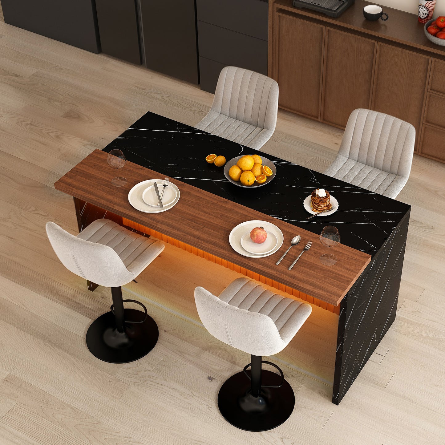 63' Modern Kitchen Island Set with 4 Gray Bar Stools - Black Marble Look Surface, LED Lighting & Grill Design for Dining Room, Open Concept Spaces, Lounge(4 Gray Bar Stools)