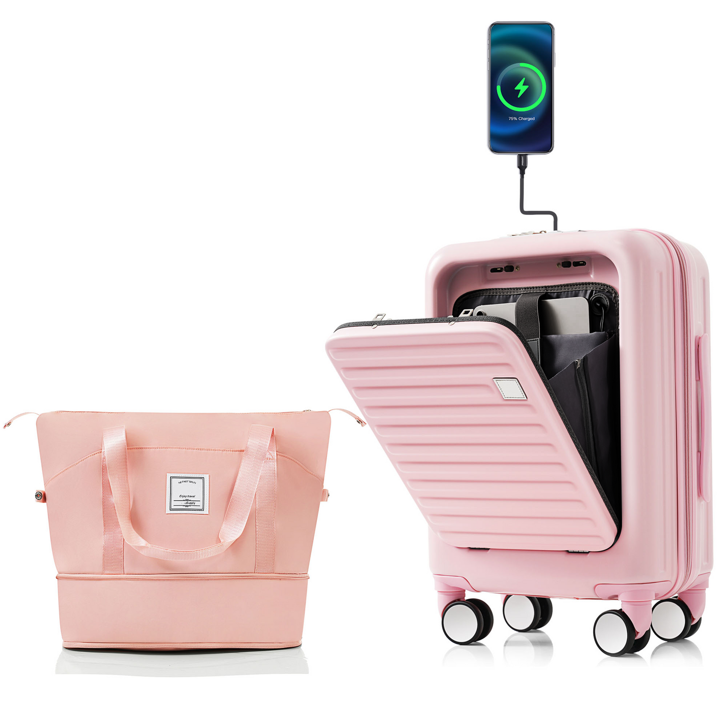 Front Opening 20-Inch Carry-On Luggage with Expandable Travel Bag Set, ABS Hard Shell Two-piece suitcase set with USB Port , Cup Holder, pink