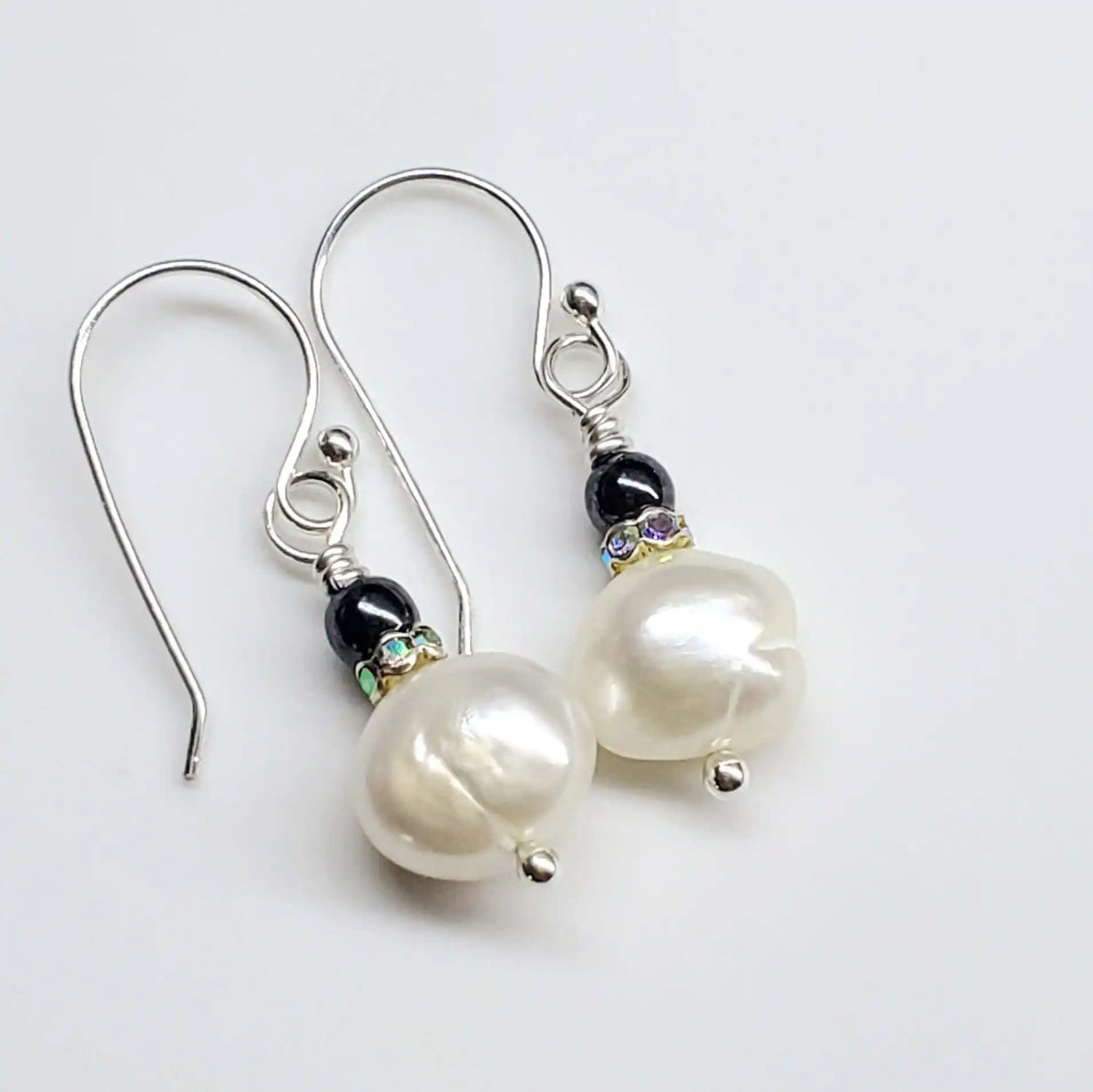 10mm Freshwater Baroque Pearl Sterling Silver Crystal Dangle Earrings