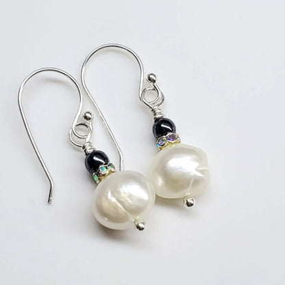 10mm Freshwater Baroque Pearl Sterling Silver Crystal Dangle Earrings