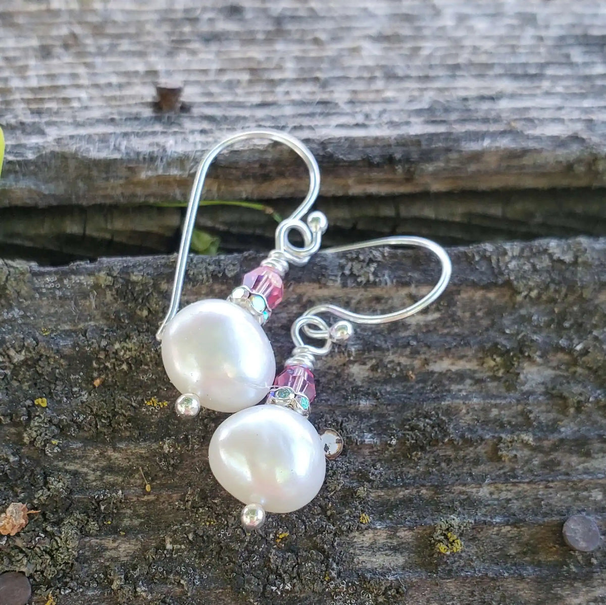 10mm Freshwater Baroque Pearl Sterling Silver Crystal Dangle Earrings