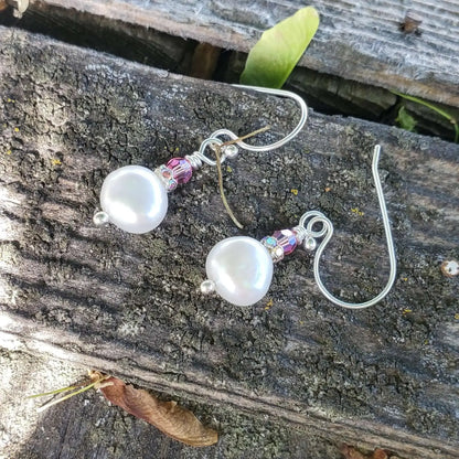 10mm Freshwater Baroque Pearl Sterling Silver Crystal Dangle Earrings