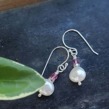 10mm Freshwater Baroque Pearl Sterling Silver Crystal Dangle Earrings